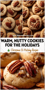 Golden brown pecan cookies with roasted pecans on top, perfect for holiday baking and Christmas desserts.